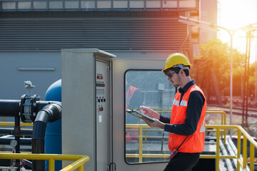 Mechanic inspector engineer check  panel broad  in factory.  women work with panel broad.