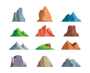 Mountains. Outdoor symbols for tourists travellers exploring rocky mountains stones with grass iceberg garish vector cartoon illustration set