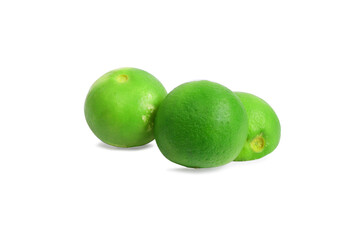 One fresh green full and halved lemon on a white background.