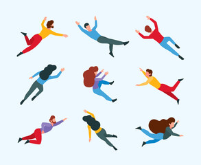 Flying persons. Moving and dreaming people in action poses sleeping and imagination space gravity freedom concept garish vector cartoon stylized characters