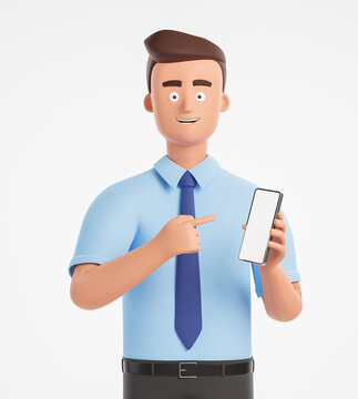 Happy cartoon businessman in blue shirt hold smartphone with blank white screen and pointing on display. Mock up.