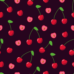 Seamless pattern of red cherries, vector illustration of ripe berries, wallpaper.