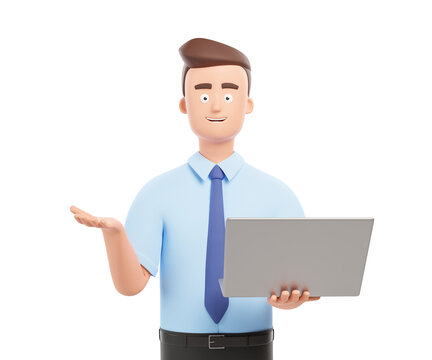 Portrait cartoon businessman character hold laptop and make presentation isolated over white background.
