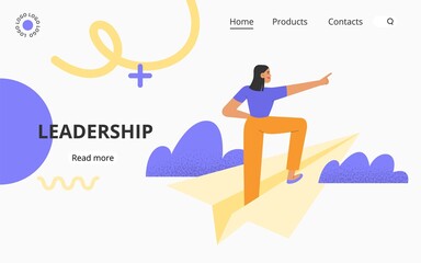 Obraz premium Concept of leadership. Flat vector illustration with business woman standing on a paper airplane. Career success, promotion, goal achievement. 
