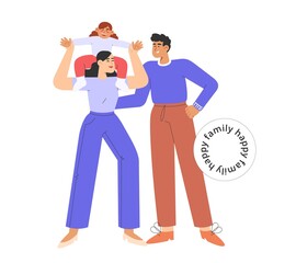 Flat vector illustration with happy father and mother characters and their daughter. Concept of adoption or parenting.