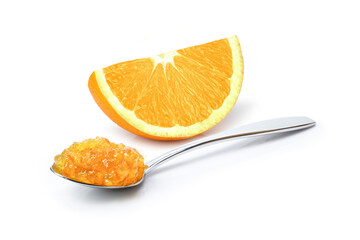 Orange jam in spoon and fresh orange fruit sliced isolated on white background. 