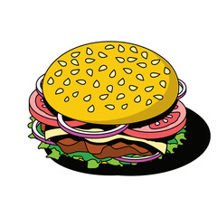 Hamburger street food. Vector 3d sketch line isometric, color icon illustration, flat style. Creative design idea and elements for infographics and website.
