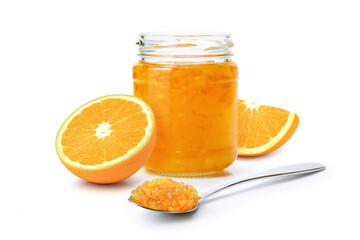 jar of orange jam and fresh orange fruit isolated on white