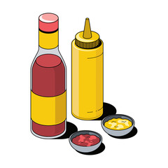 Ketchup and mustard. Vector 3d sketch line isometric, color icon illustration, flat style. Creative design idea and elements for infographics and website.