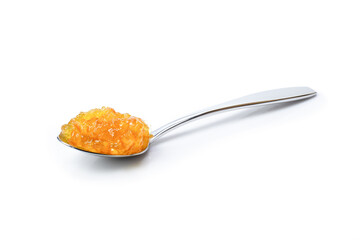 Orange  jam in stainless spoon isolated on white background