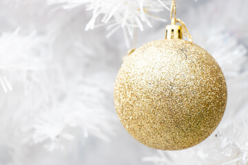 Gold color ball on white branch of chrismas tree background (Decoration for Christmas and New year...