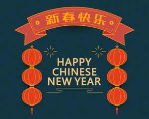 Chinese New Year poster template with Chinese characters written on the red ribbon: Happy Chinese New Year, hanging red lanterns