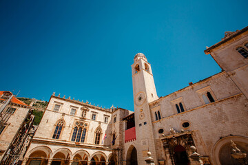 View at historic square in city center of famous Dubrovnik town, Croatia Europe. - obrazy, fototapety, plakaty