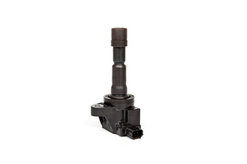 Old Ignition coil of Gasoline engine white background service concept and maintenance long time with car