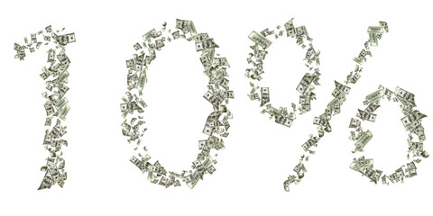 Us dollar. American money, falling cash number 10. Flying hundred dollars isolated on white background.