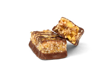 Granola bar with chocolate isolated on white background.