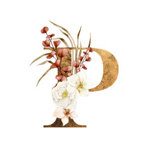 Floral Alphabet - letter P with flowers boho bouquet composition and delicate gold texture. Unique collection for wedding invites decoration and many other concept ideas.