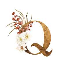 Floral Alphabet - letter Q with boho flowers bouquet composition and delicate gold texture. Unique collection for wedding invites decoration and many other concept ideas.