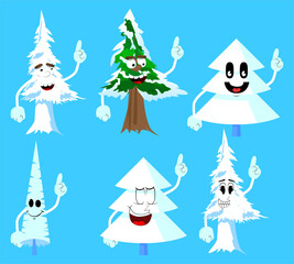 Cartoon winter pine trees with faces making a point. Cute forest trees. Snow on pine cartoon character, funny holiday vector illustration.