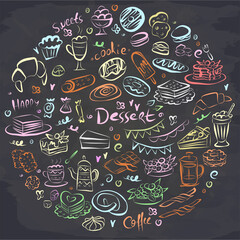 Set of hand drawn delicious sweets food on chalkboard. Vector illustration. Cakes, biscuits, baking, cookie, pastries, donut, ice cream, macaroons. Template for menu or food package design.