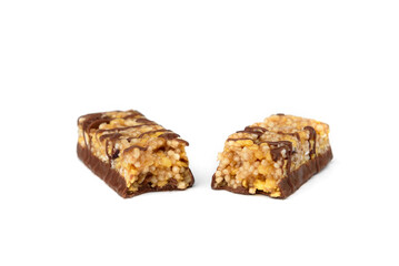 Granola bar with chocolate isolated on white background.