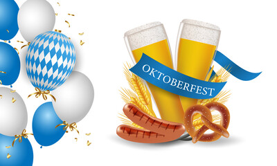 Oktoberfest festival. Beer glass, hops, barrel, barbecue, men's glass. Realistic vector illustration with wheat and beer, prendil and bavarian barbecue sausages