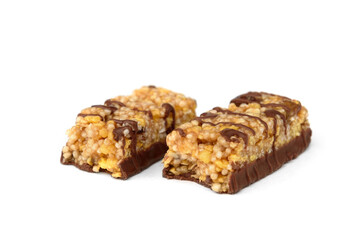 Granola bar with chocolate isolated on white background.