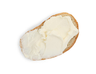 Bread with cream cheese on white background, top view