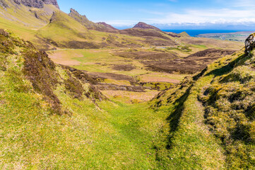 A view from Quiraing Mountains towards Staffin Bay on the Isle of Skye, Scotland on a summers day