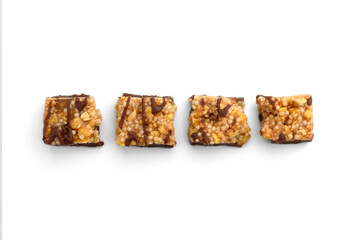 Granola bar with chocolate isolated on white background.