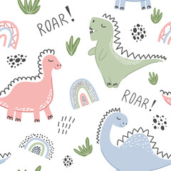 Children's seamless pattern with dinosaurs. Vector cute illustration for design, textiles, posters, fabrics, cards. Pastel colors, pink, green, blue.