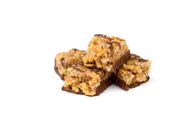Granola bar with chocolate isolated on white background.