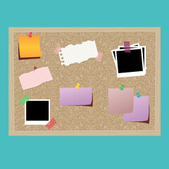 Cork bulletin board vector illustration. wooden frame, paper, push pins, stick notes, sheets of paper, office notes and other elements, which are all isolated from each other and removable also.