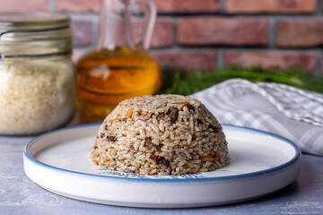 Traditional delicious Turkish food; rice pilaf with pine nuts and currants (Turkish name; ic pilav or pilaf)