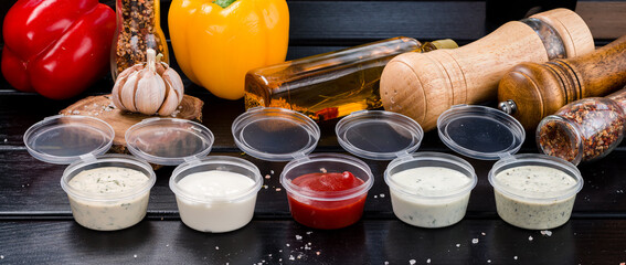 Plastic containers with sauces ketchup and cheese on white background, take away fast food delivery concept