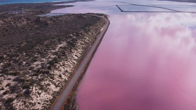 an aerial clip, flying forward and to the north, of the pink waters of hutt lagoon at port gregory in western australia