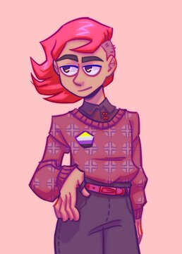 Non-binary person with pride flag pin or badge, short hair