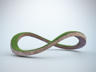 3D rendering of infinity symbol in environmental conservation concept. Earth land with green grass isolated on white background. - obrazy, fototapety, plakaty