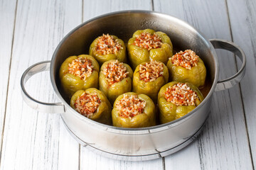 Traditional delicious Turkish food; stuffed bell peppers with meat (Turkish name; Etli biber dolmasi)