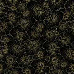 Motif botanique floral et harmonieux, fleur d& 39 orchidée. une illustration luxueuse et dorée de roses. motif isolé sur fond noir. pour impression, papier, carte postale, bannière, carte. art vintage style