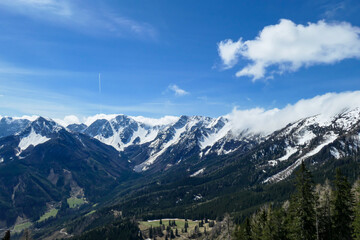 Fototapeta premium A panoramic view on Baeren Valley in Austrian Alps. The highest peaks in the chain are sonw-capped. Lush green pasture in front. A few trees on the slopes. Clear and sunny day. High mountain chains.