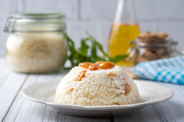 Traditional delicious Turkish food; Almond rice pilaf (Turkish name; Bademli pirinc pilavi)