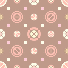 Circle shapes with simple decoration inside and colorful dots on a beige-brown background. Seamless geometry abstract pattern. Suitable for wrapping paper, textile.