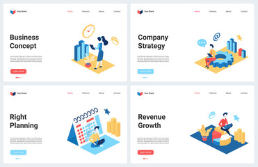 Isometric business strategy, success businessman planning vector illustration. 3d modern concept landing page set for finance business company webpage with financial revenue growth strategic plan