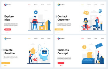 Business idea, creative project, financial solution technology vector illustration. Cartoon modern business concept landing page set with online customer contact support, innovation and partnership