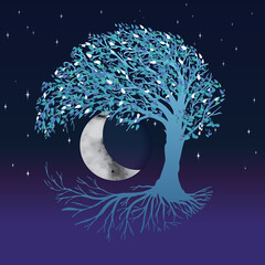 A blue tree of life or yggdrasil in a nightsky. The big moon is visible. The tree is in blue tints.