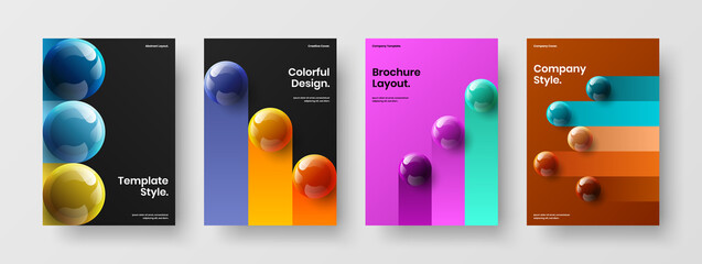 Abstract leaflet A4 vector design layout set. Unique 3D balls presentation template collection.
