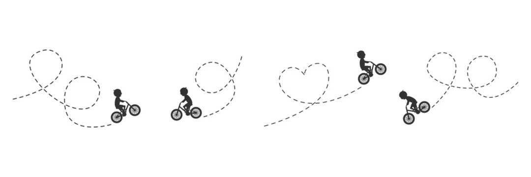 Children on bicycles driving on dotted route. Different kids black silhouettes ride bikes. Healthy lifestyle. Travel concept. Vector illustration isolated on white