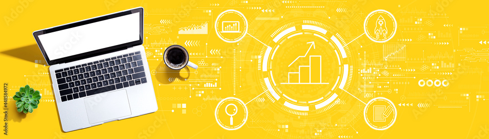 Wall mural business growth analysis with a laptop computer