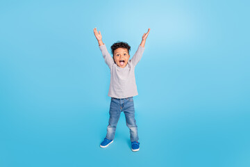 Full length body size view of attractive cheerful boy rising hands up isolated over bright blue color background